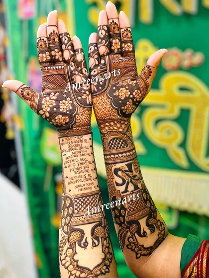 A design that incorporates a meaningful quote, turning the bride's arms into a canvas of words and art.