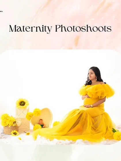 A simple and clean graphic advertising my maternity photoshoots, featuring the bright and sunny yellow gown session. It's a welcoming image for new parents starting their journey to capture memories.