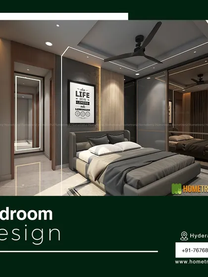 A bedroom design featuring a dark grey and wood theme. The mirrored wardrobe and full-length mirror create an illusion of a larger, more open space.