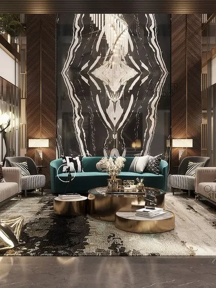 In this triple-height living room, the focus is a stunning book-matched marble slab that extends to the ceiling. I used mirrors on the flanking walls to enhance the sense of space and reflect the intricate design details.