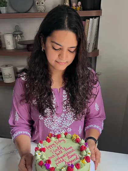 My part-time job is just staring at the cakes I make! This is our custom Pistachio Raspberry cake, a nutty and fruity combination that's as beautiful as it is delicious.