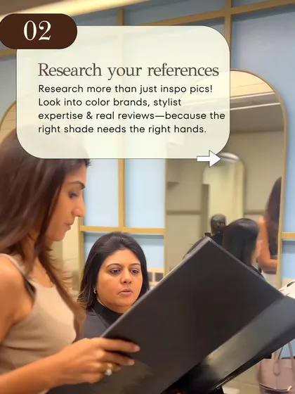 Researching your references is about more than just inspo pics. Understanding color brands and stylist expertise is key. During our consultation, we use professional shade guides to find the perfect match for you.