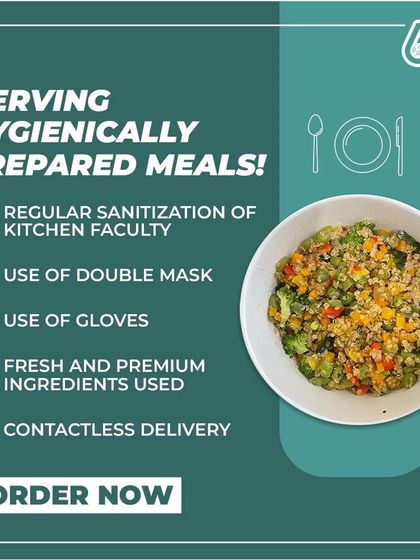 We take hygiene very seriously. This graphic outlines our safety protocols, including regular sanitization, use of masks and gloves, fresh ingredients, and contactless delivery, for your peace of mind.