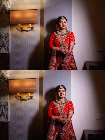 A diptych showing the bride in her red lehenga. This gives two perspectives of the same pose, emphasizing her elegant stance and the details of her bridal outfit.