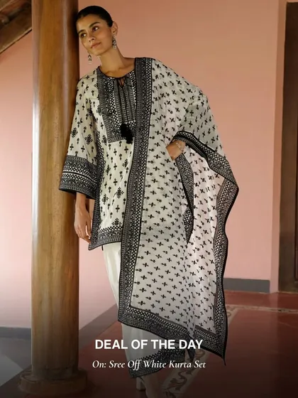 Another look at my Sree Off White Kurta Set. The black and white block print is timeless, and the flowy dupatta adds a touch of grace.
