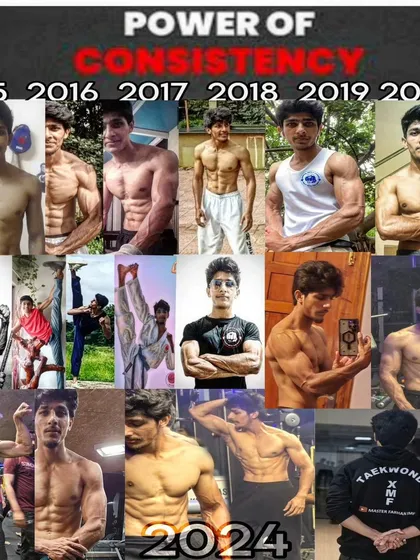 A collage showing my fitness transformation over the years, from 2015 to 2024, proving the power of consistency.