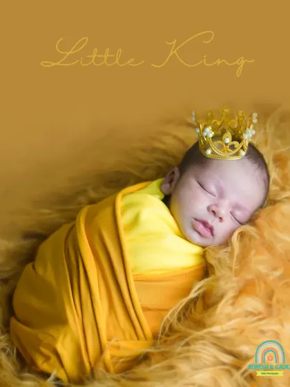 Another angle of our "Little King" theme, showing the baby swaddled and sleeping on a soft, furry blanket. The consistent color palette creates a cohesive and artistic look.