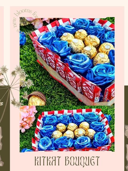 A fun and vibrant bouquet made from KitKat bars framing beautiful blue satin roses and Ferrero Rocher. This is a great example of how I can customize gifts with your favorite colors and chocolates.