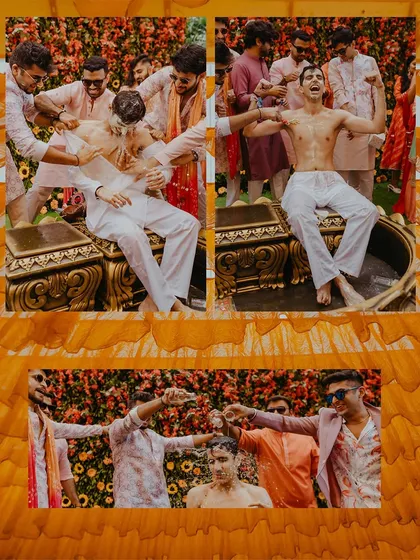A collage capturing the groom's side of the Haldi fun, showing him being playfully doused with water and turmeric by his friends.