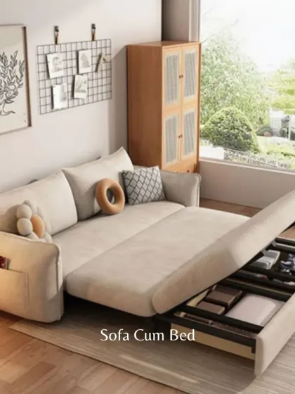 For homes that need flexible sleeping arrangements, a sofa-cum-bed is an excellent solution. This modern design includes hidden storage, making it perfect for guest rooms or compact living spaces.