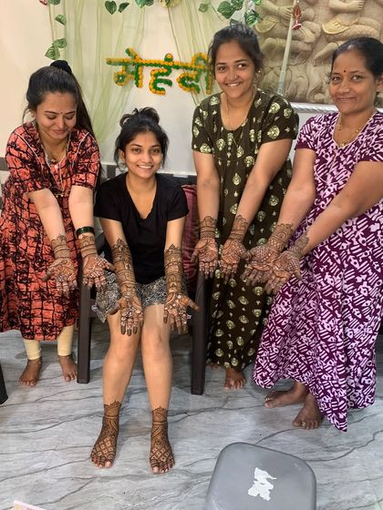 The bride and her bridesmaids, all adorned with beautiful mehndi by my team. We offer packages for the entire bridal party.