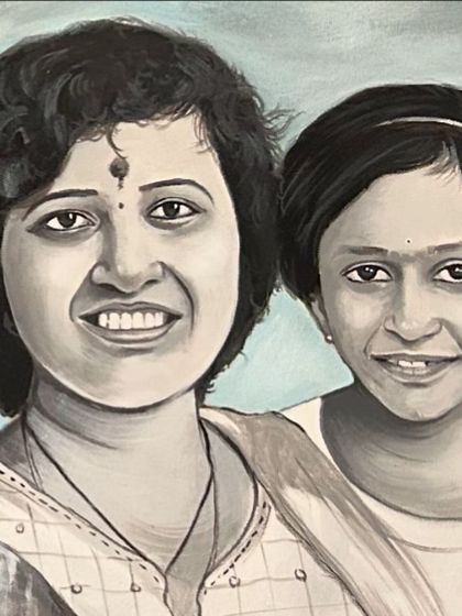 Another section of the four-generation painting, focusing on the younger members of the family.