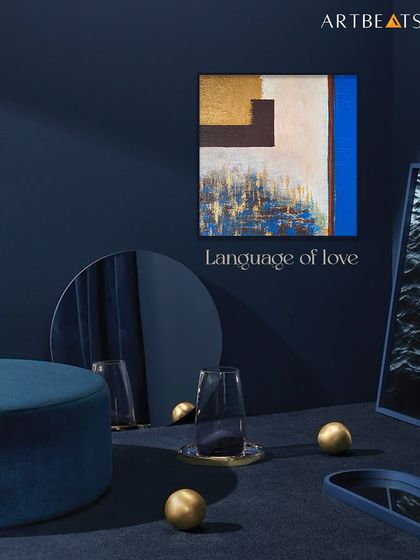 'Language of Love' is a piece that combines geometric structure with expressive texture. Set in this deep blue room, the painting's gold and cobalt blue elements create a feeling of modern luxury and emotional depth.