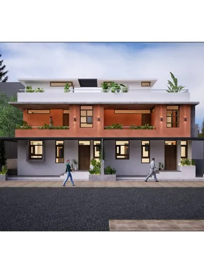 This front elevation render of the Ahmednagar row houses provides a clear view of the building's symmetrical design and material palette. It highlights the clean lines, recessed balconies, and the interplay of light and shadow that define our modern architectural style.