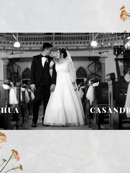 A classic black and white photo of the bride and groom, Joshua and Casandra, walking down the church aisle. This image serves as a timeless title card for their wedding story.