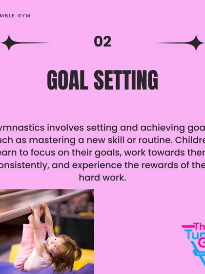 This graphic explains how gymnastics helps children with goal setting, as they learn to focus and work consistently to master new skills.