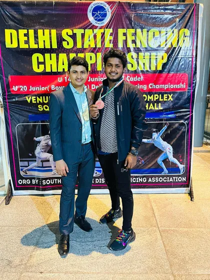 Celebrating a bronze medal win for our senior fencer at the Delhi State Championship. Winners train, losers complain.