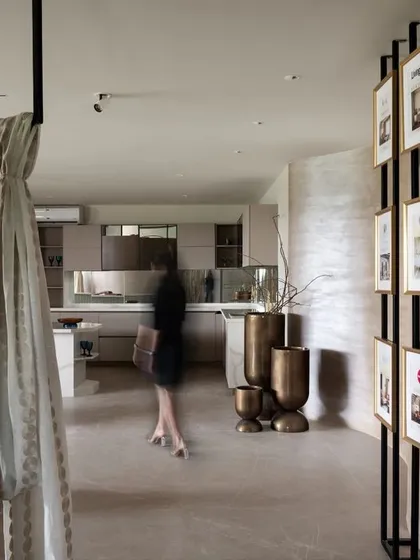 A glimpse into the model kitchen at our Hyderabad Experience Center. This setup allows clients to visualize a complete kitchen layout, from cabinetry finishes to appliance integration, within a real-world context.