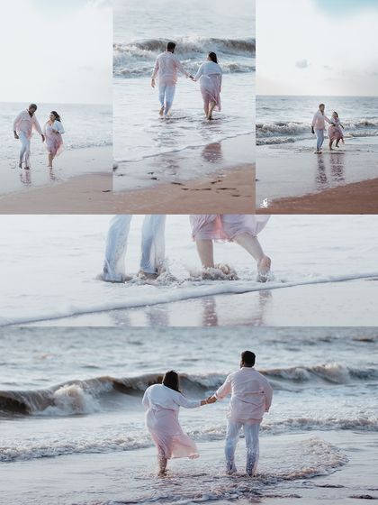 A collage of a couple enjoying a playful walk along the shoreline, capturing different angles of their interaction with the waves.