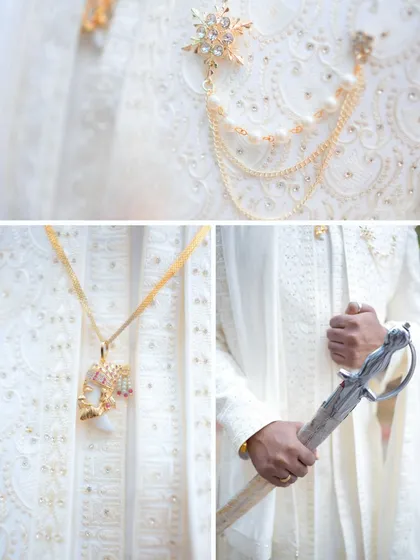 A collage focusing on the details of the Maharashtrian groom's attire. It showcases his elegant white sherwani, the traditional sword (talwar), and other royal accessories.