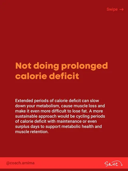 A carousel of tips for sustainable fat loss. It's not about crash diets. It's about a balanced diet, weight training, managing stress, and walking 10-12k steps daily.