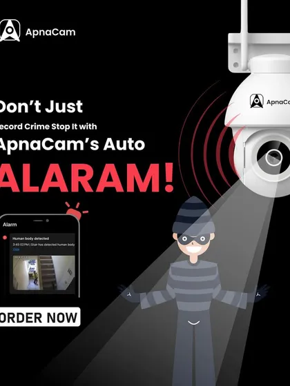 Our cameras do more than just record. This graphic shows how the auto alarm feature can actively deter intruders by sounding a siren and sending an instant alert to your phone, stopping a crime before it happens.