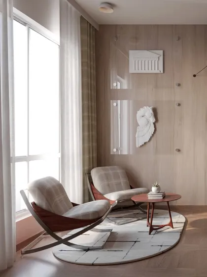 A cozy reading nook by the window, with modern sling chairs and wall art that adds a touch of classical inspiration.