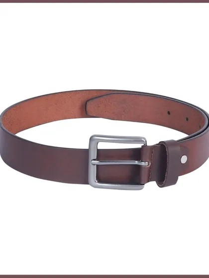 A classic brown leather belt with a silver buckle, shot flat and straight on a white background.