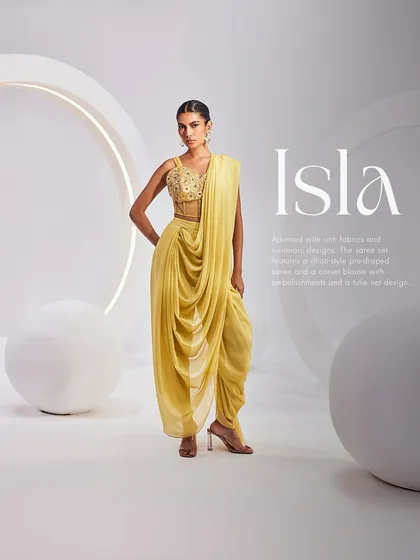 A full view of the ISLA Saree Set, a stunning ode to exquisite craftsmanship. The dhoti-style drape offers a unique and comfortable alternative to a traditional saree.