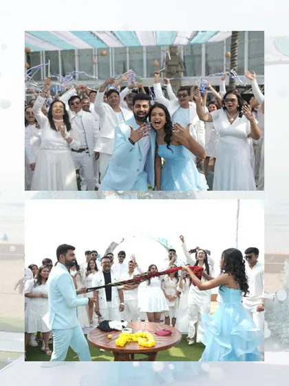 This collage highlights the interactive elements of the brunch, from guests showering the couple with confetti to fun games.