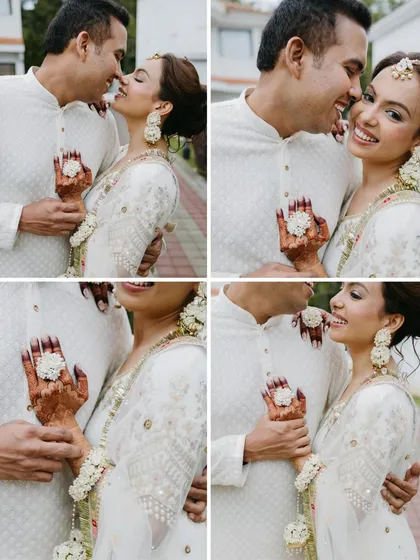 A collage of a couple sharing tender and playful moments, highlighting their close bond and happiness through a series of candid shots.