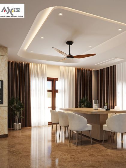 We create dining halls designed for memorable gatherings. This visualization features a spacious dining area with a large wooden table, elegant upholstered chairs, and a modern recessed ceiling with integrated lighting, all contributing to a warm and sophisticated environment.