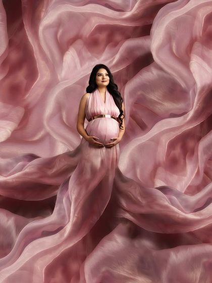 An ethereal portrait where the mom-to-be is enveloped in waves of flowing pink fabric. This technique creates a dreamy, cloud-like effect for a truly magical maternity photo.