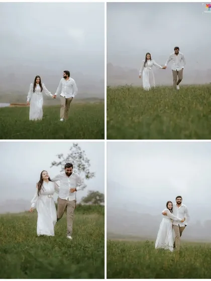 A four-panel collage capturing the joy of running and playing together in a misty field, showcasing their carefree spirit.