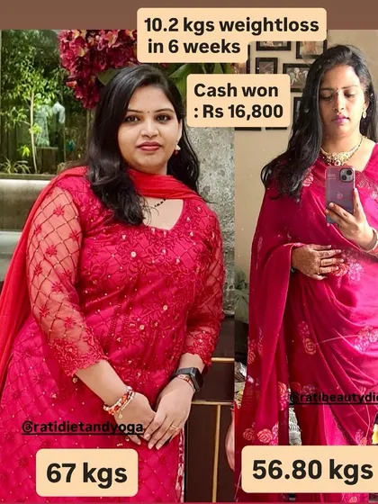 Pooja celebrating her 10.2 kg weight loss. This picture shows her newfound confidence after dropping from 67 kgs to 56.8 kgs.