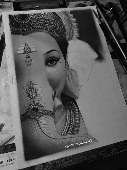 The Ganesha sketch is nearing completion here. The trunk and face are fully shaded, showing the realistic texture before the final details are added to the ear and background.