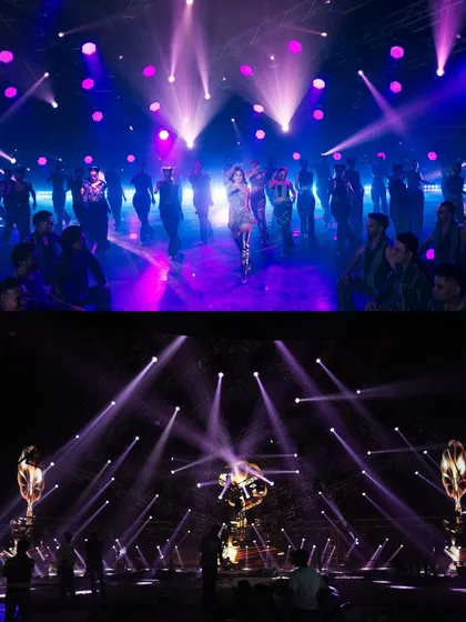 This split view from 'Son of Sardar 2' shows how our lighting rig creates a sense of depth and scale. The precise arrangement of beams in the empty studio creates the grand, cathedral-like space seen in the final shot.