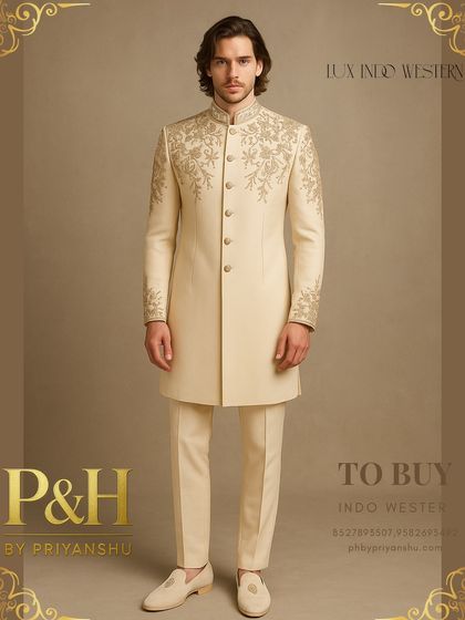 This image showcases the full silhouette of the cream silk Indo-Western suit, paired with matching trousers and footwear for a look of complete elegance.