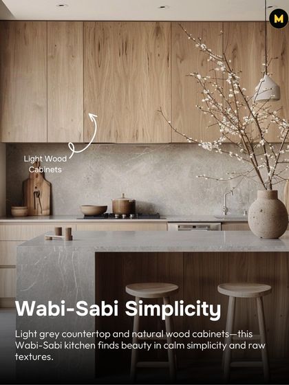 This Wabi-Sabi kitchen finds beauty in calm simplicity and raw textures. It features a light grey countertop and natural light wood cabinets, creating a serene and minimalist space.