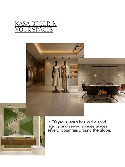 A collage showing Kasa Decor in various spaces, from retail and offices to bathrooms. Over 20 years, we have built a legacy serving spaces across several countries.