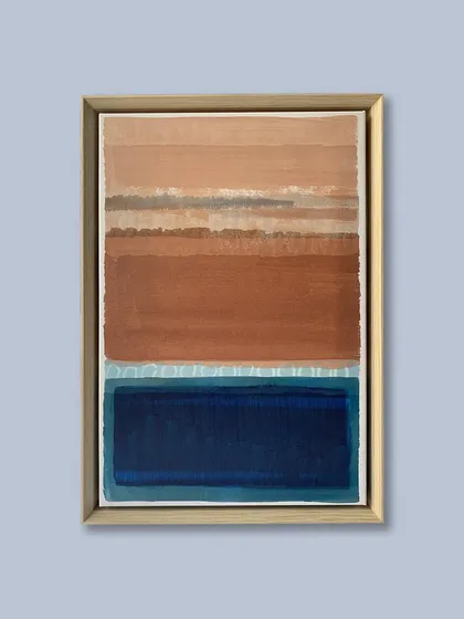 The third piece in this abstract series, again presented in a custom floater frame. The simplicity of the frame allows the powerful color and texture of the artwork to remain the primary focus.