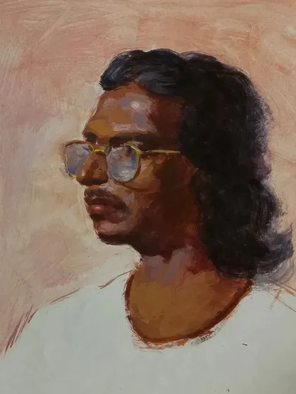 An acrylic sketch of a model with glasses, focusing on capturing the profile and the reflection in the lenses.