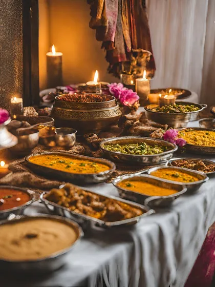 A candlelit buffet of traditional Indian dishes. The warm lighting and rich colours create an inviting atmosphere for a festive celebration like Diwali.