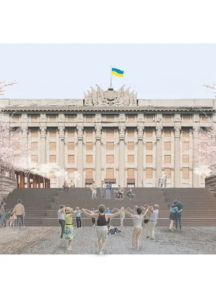 This render for Kharkiv’s Freedom Square in Ukraine shows the project's core idea: transforming a vast urban area into a space for people. By creating tiered public seating and integrating cherry blossoms, the design encourages community gathering and informal activities, turning a monumental square into a human-scaled place.
