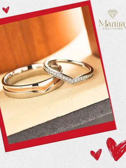 Two hearts, one promise. This image shows a set of couple's bands, one sleek and modern, the other a delicate diamond chevron band. A perfect reflection of your unique bond.