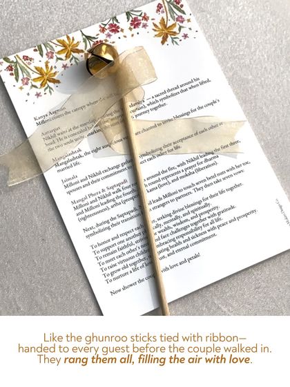 Ghunroo sticks tied with ribbon were handed to every guest to ring in the couple's entrance. This small, interactive detail filled the air with love and sound, making everyone a part of the moment.