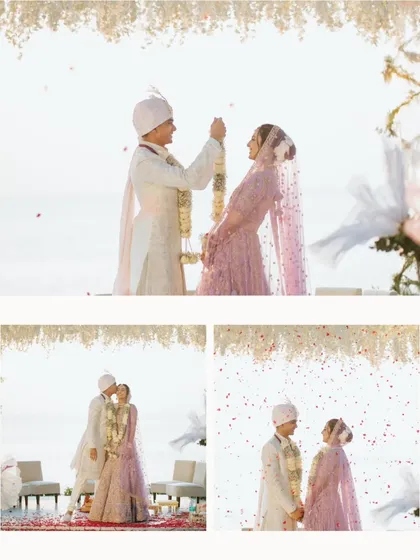 A beautiful sequence from a beachside wedding ceremony, capturing the garland exchange and a quiet moment together.
