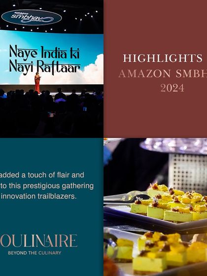 A collage highlighting our catering for the Amazon Smbhav 2024 summit, a prestigious gathering of innovation trailblazers. We excel at providing gourmet experiences for large-scale corporate events.