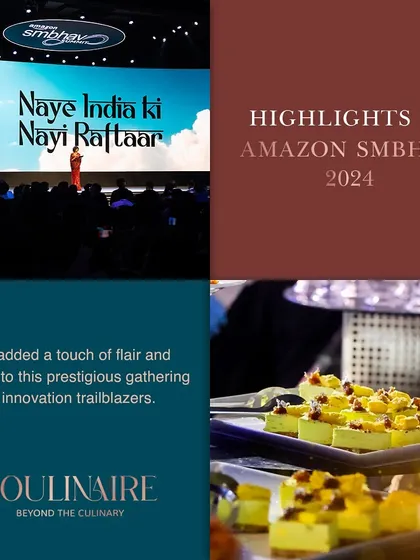 A collage highlighting our catering for the Amazon Smbhav 2024 summit, a prestigious gathering of innovation trailblazers. We excel at providing gourmet experiences for large-scale corporate events.