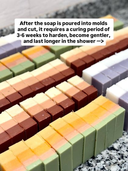 After the soap is poured and cut, it requires a curing period of 3-6 weeks. This process allows the bars to harden, become gentler, and last longer in the shower.